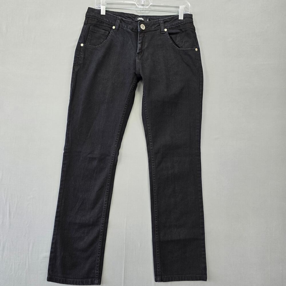 UMM Black Jeans Stretch Straight Embroidered Beaded Pockets Casual Women Size 32